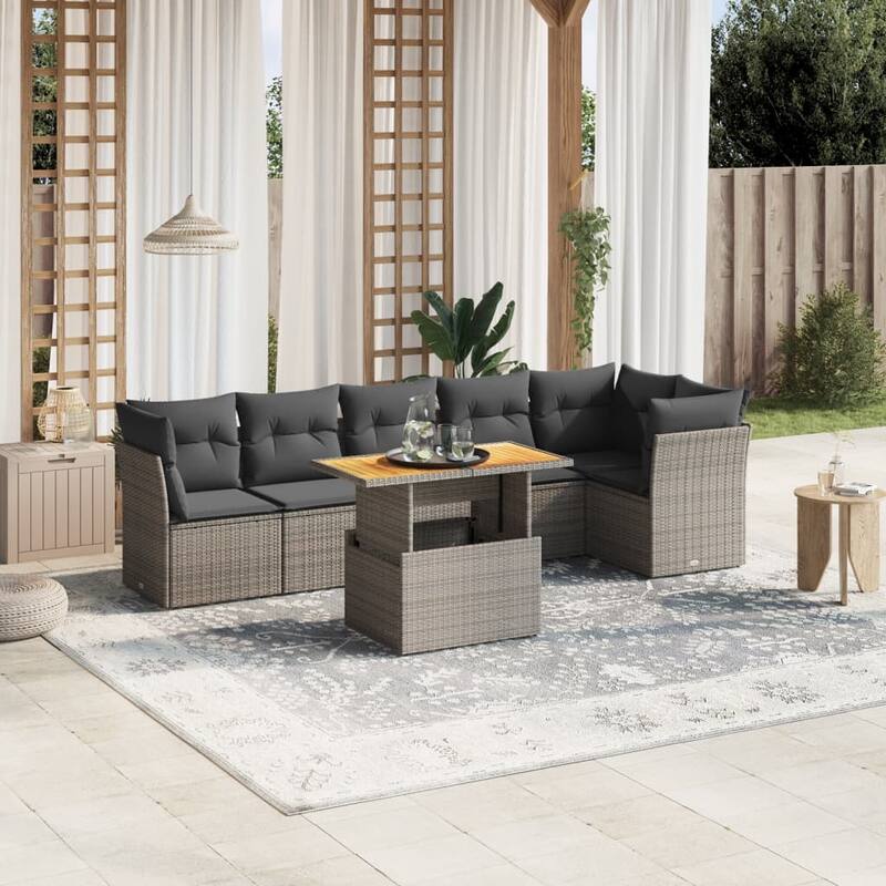vidaXL Patio Sofa Set with Cushions Outdoor Table and Sofas 7 Piece Poly Rattan - 21.7 x 39.4 x 28.7 - Grey - form1