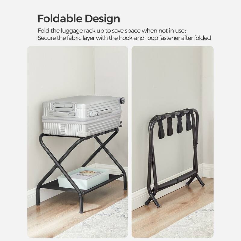 Foldable Steel Luggage Rack with Nylon Straps and Bottom Shelf for Guest Room or Hotel Use
