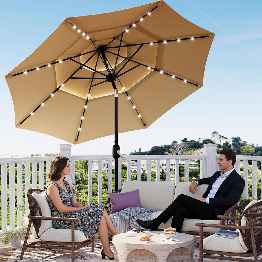 3-Tier 10Ft Patio Umbrella, Easy Crank and Push Button Tilt for Pool, Deck, Yard, Garden with LED Lights (No Base)