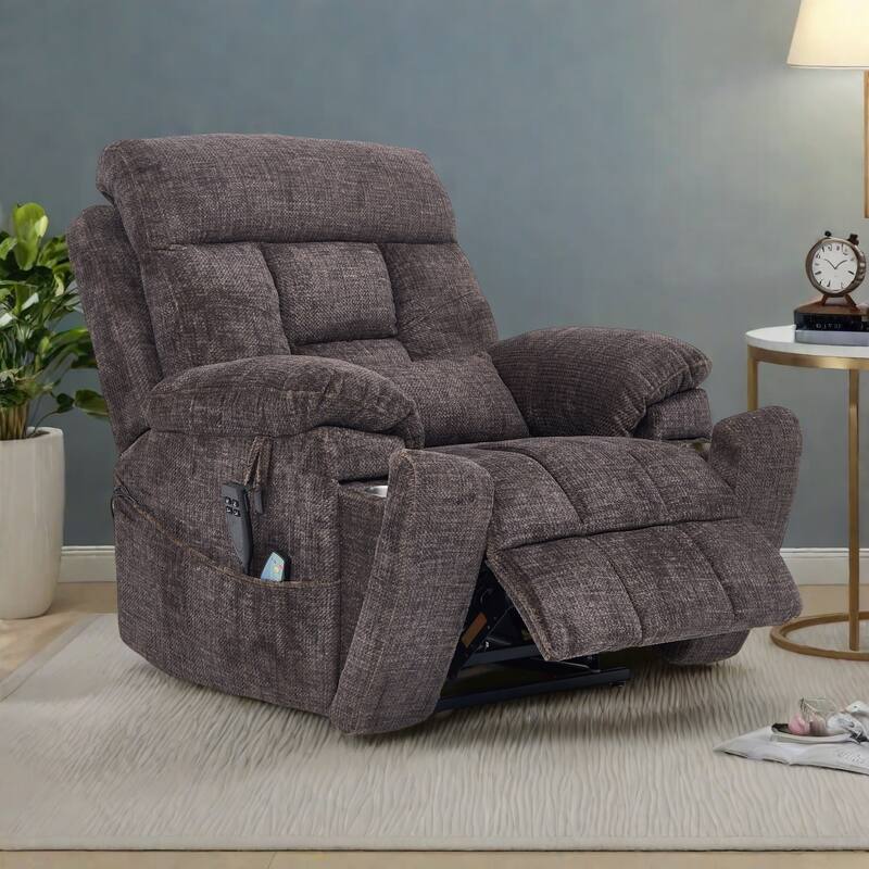 Velvet Oversized Power Lift Recliner Chair with Dual OKIN Motors, 180° Flat Lay, Massage, and 400 lbs Capacity - Brown