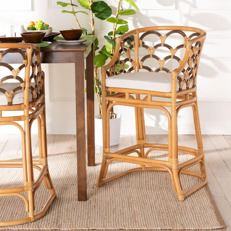 Veneto Modern Bohemian Light Honey and Dark Brown Rattan Bar Stool