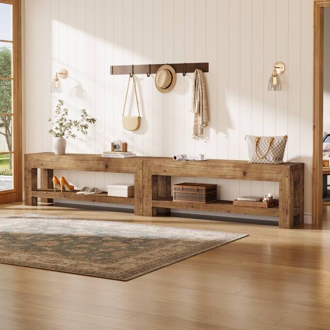 47.24" Solid Wood Entryway Bench with Open Shelves