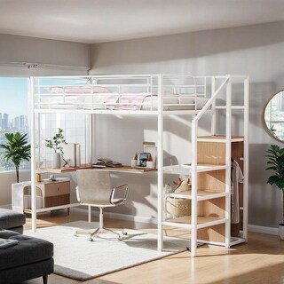 Twin Size Metal Loft Bed with Desk, Metal Grid and Wardrobe, White
