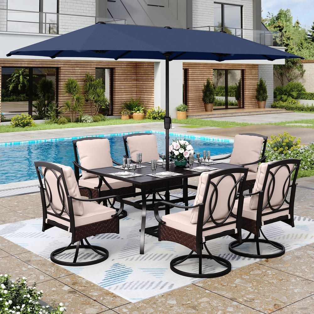 MAISON ARTS 8-Piece Black Metal Outdoor Dining Set with Beige Cushions and Umbrella