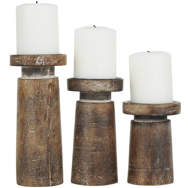 Mango Wood Handmade Carved Pillar Decorative Candle Holder - Set of 3 Light Brown or Brown - Roche River Decor - Brown - 6", 8", 10"H