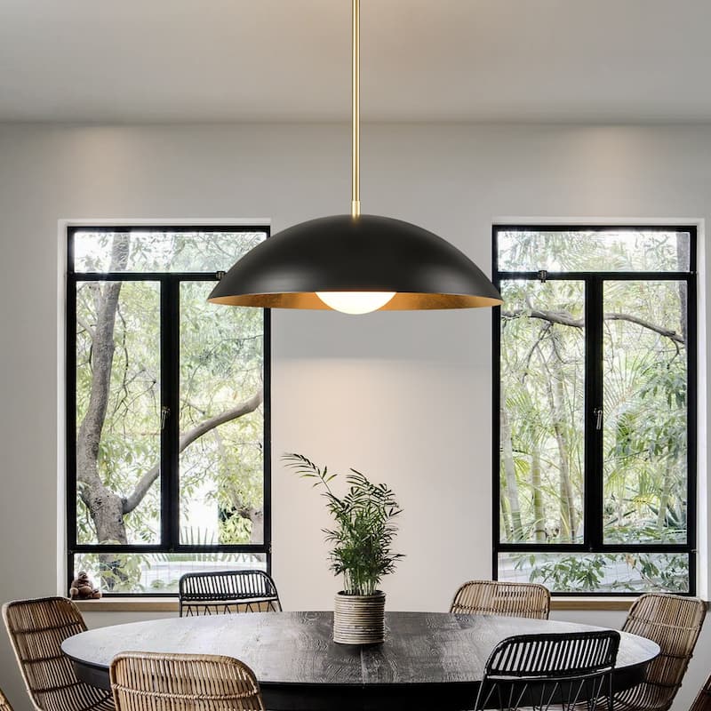 1-Light Modern Black/Gold Leaf Oversized Dome Glass Globe Pendant Light for Kitchen Island