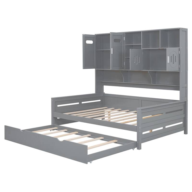 Full Size Wood Daybed with Built-in Storage Cabinet, Open Shelves & Twin Trundle Bed, Space-Saving Multi-Functional Frame