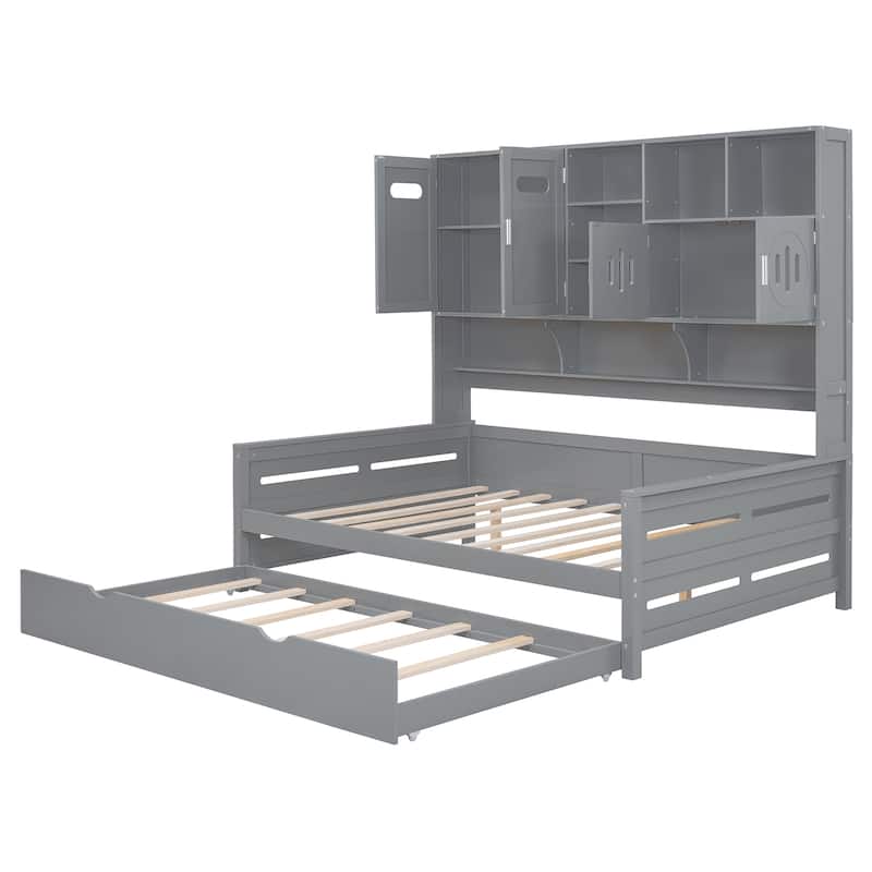 Full Size Wooden Daybed with Twin Trundle, Storage Cabinet & Shelves, Gray