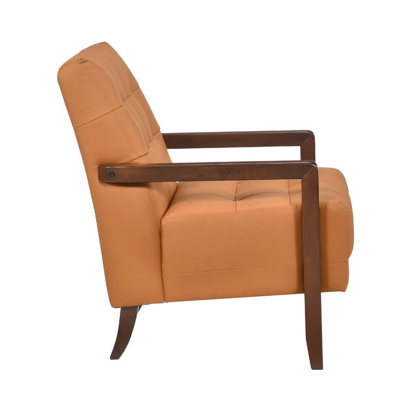 Lenie Accent Armchair, Button Tufted Orange Leather, Walnut Brown