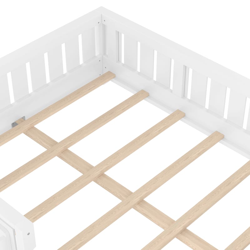 Low Profile Montessori Bed Floor Platform Bed with Fence and Bookshelf