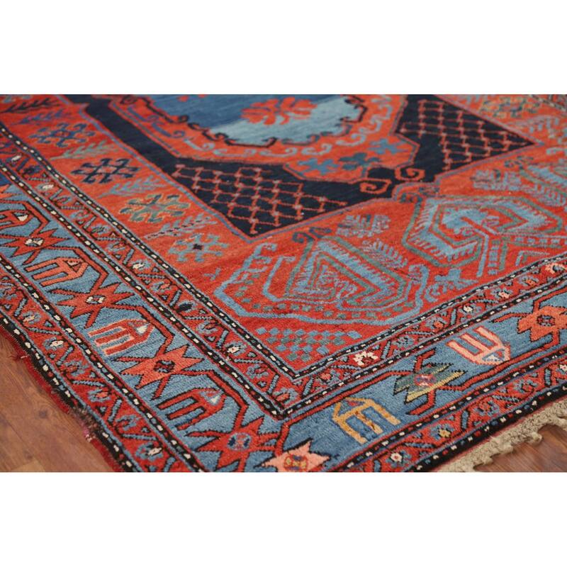 Orange & Blue Kazak Vegetable Dye Vintage Rug Hand-Knotted Wool Carpet - 5'4" x 8'1"