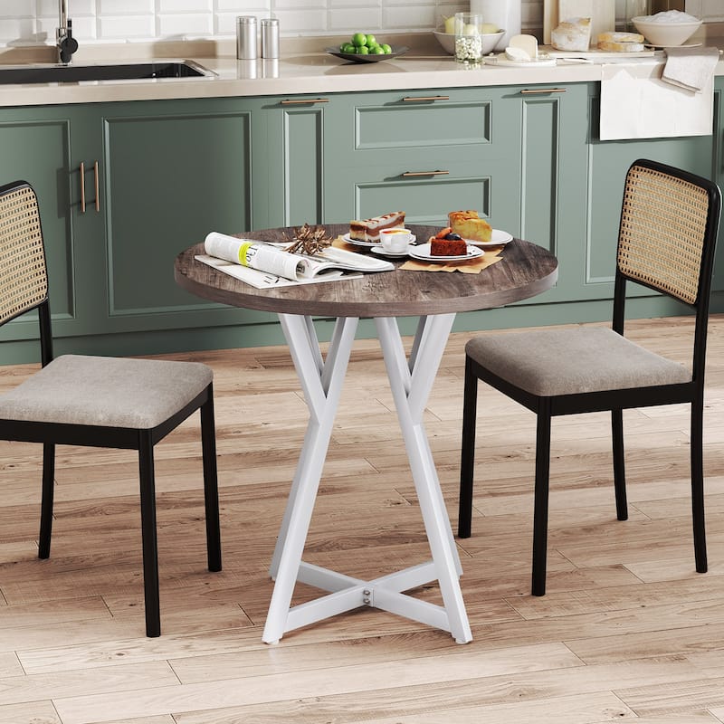Gymax 31.5 Inch Round Dining Table for 2-4 Thick Wooden Tabletop Metal - Oak Gray, White