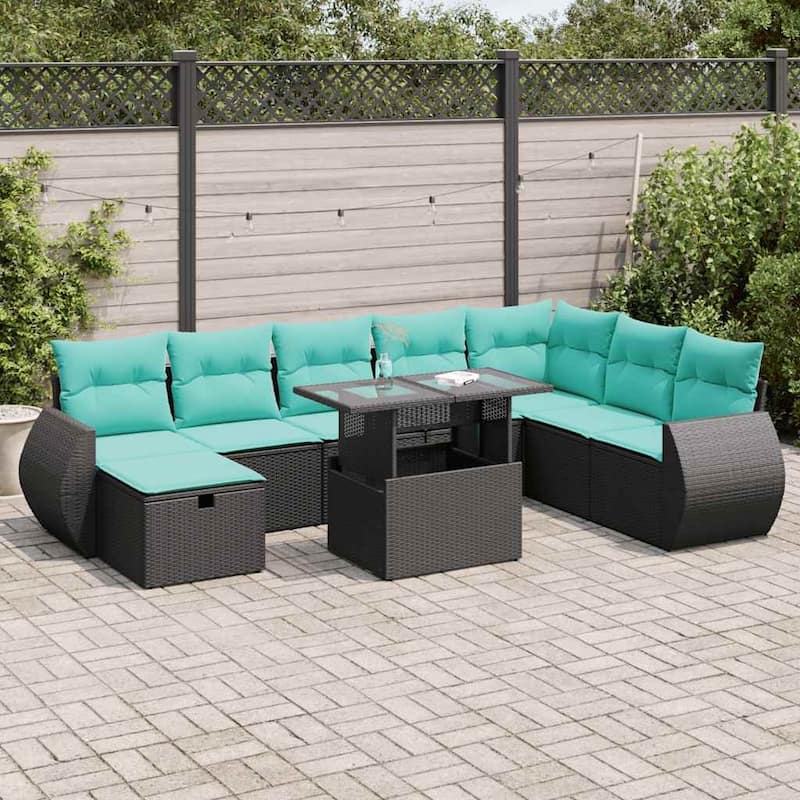 vidaXL Patio Sofa Set with Cushions Sectional Couches 9 Piece Poly Rattan - 24.4 x 24.4 x 27.2 - Black-with storage