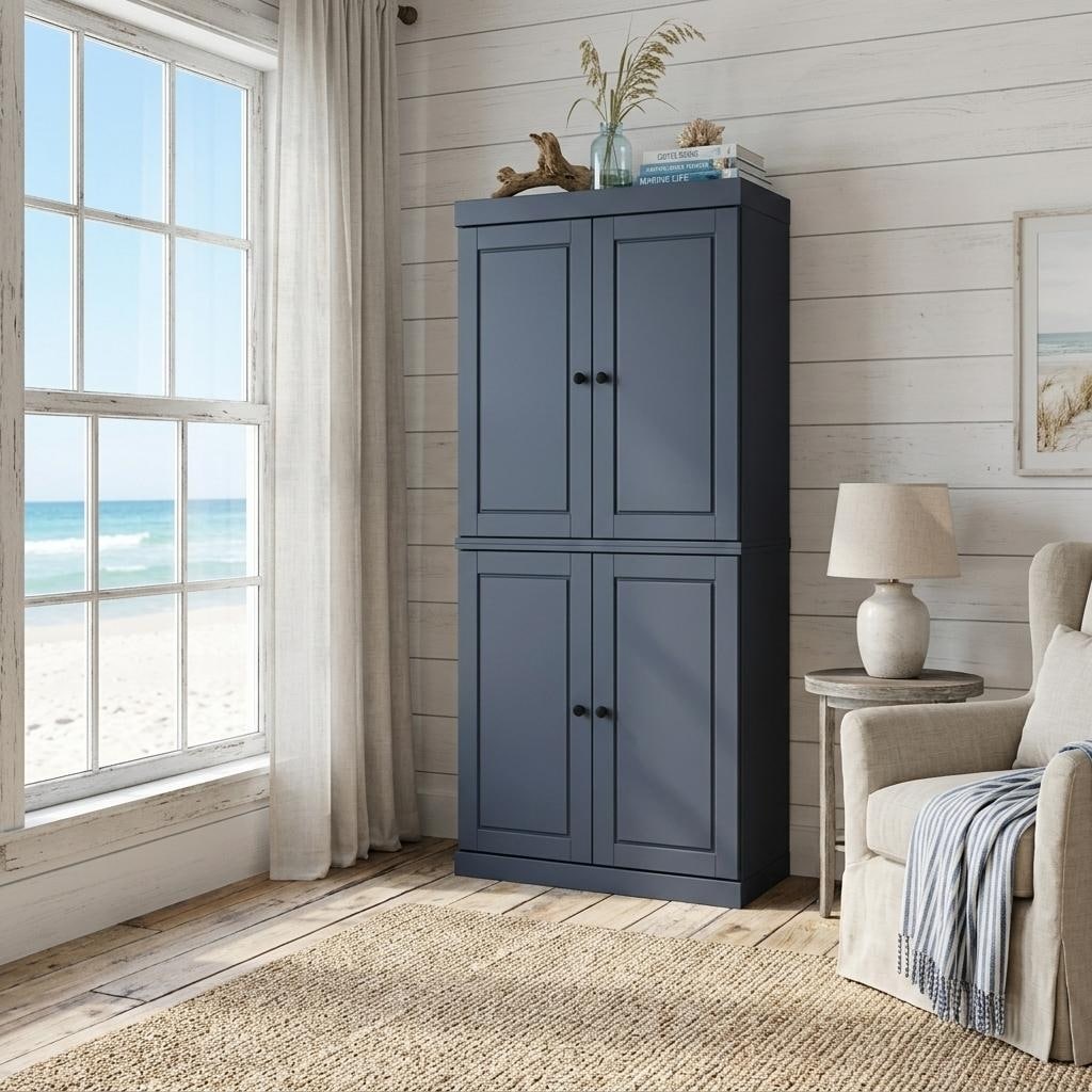 HomeRoots 72" French Blue Solid Wood Four Door Pantry Or Storage Closet - 32.00 in. x 71.50 in. x 15.50 in.