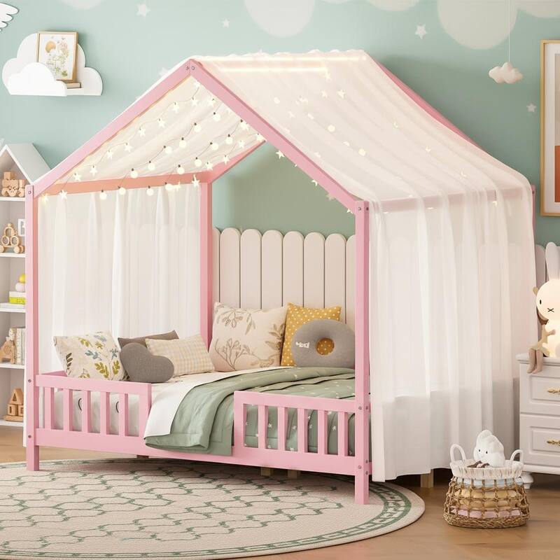 Whimsical Montessori-Inspired Floor Bed with Canopy & Full Safety Rails by Harper&Bright Designs