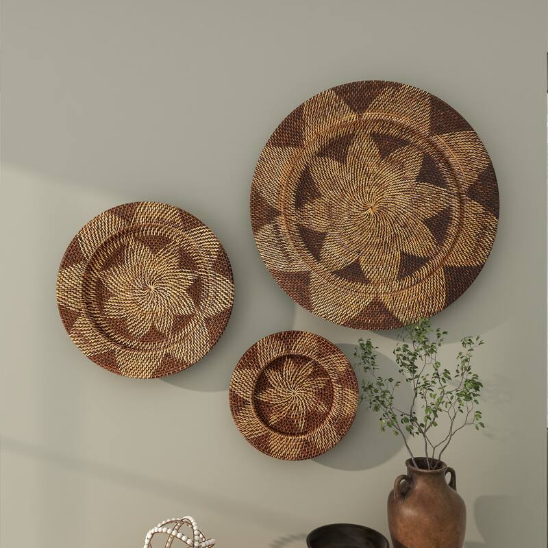 Rattan Plate Handmade Woven Floral Basket Home Wall Decor - Set of 3 Light Brown or Brown - Roche River Decor