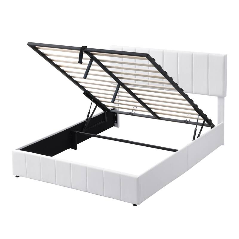 Queen Size Upholstered Platform Bed with Hydraulic Storage in White