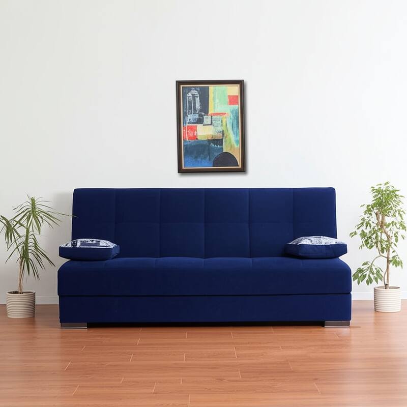 HomeRoots 75" Blue Chenille Convertible Futon Sleeper Sofa And Toss Pillows With Storage - Blue