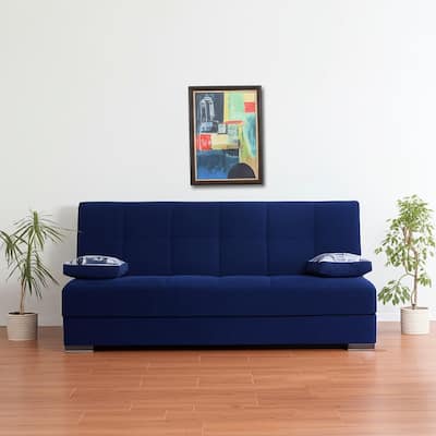 HomeRoots 75" Blue Chenille Convertible Futon Sleeper Sofa And Toss Pillows With Storage