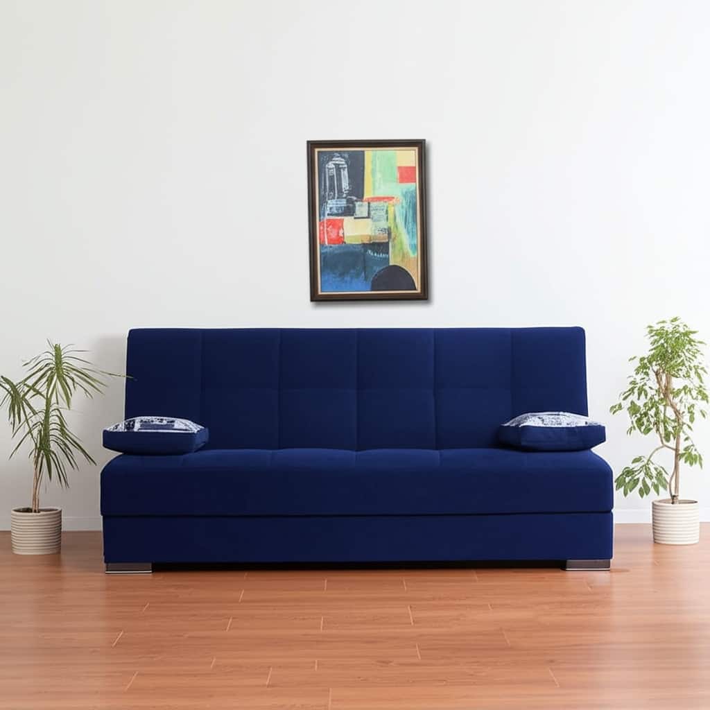 HomeRoots 75" Blue Chenille Convertible Futon Sleeper Sofa And Toss Pillows With Storage