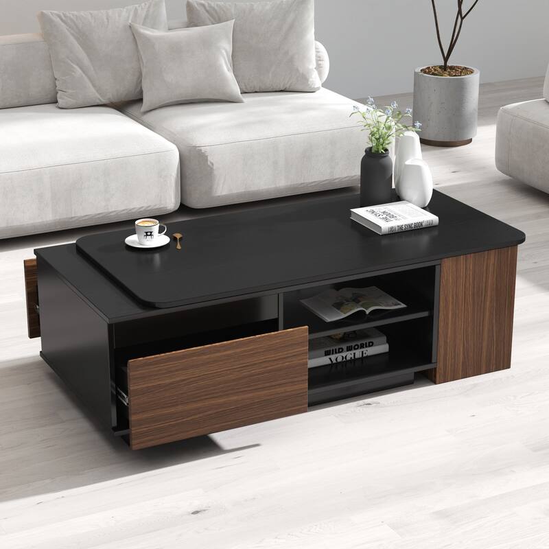 Roomfitters Extendable Coffee Table with 2 Storage Drawers, Length Adjustable Rectangular Center Table, Black & Walnut