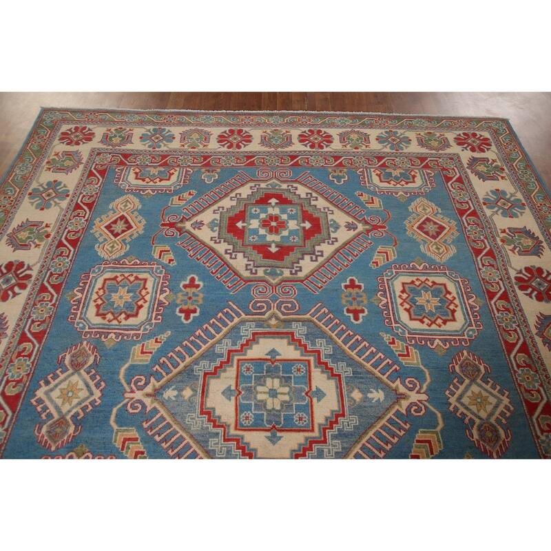 Blue Geometric Kazak Area Rug Handmade Wool Carpet - 8'0" x 9'10"
