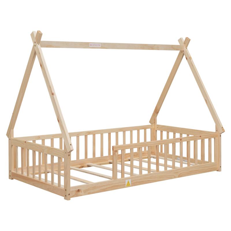 Twin Size Teepee Bed with Guardrails and Slats, Tent-Shaped Floor Bed