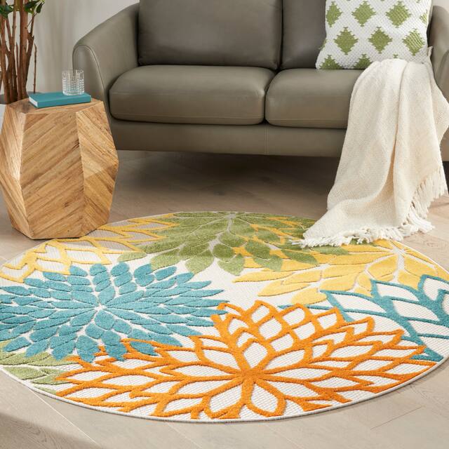 Nourison Aloha Floral Modern Indoor/Outdoor Area Rug - 7'10" Round - Turquoise Multicolor