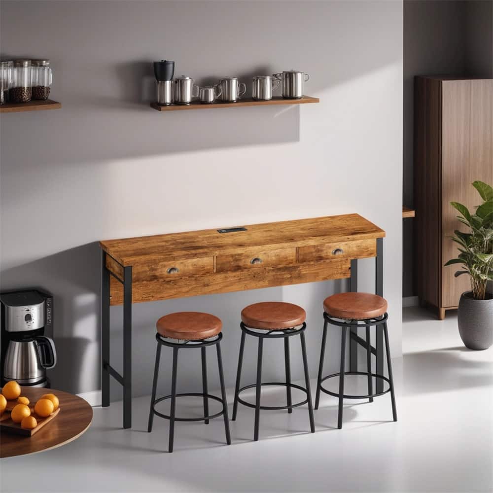 Long Dining Table Set w/Power Outlets,Bar Kitchen Table Set w/Stools