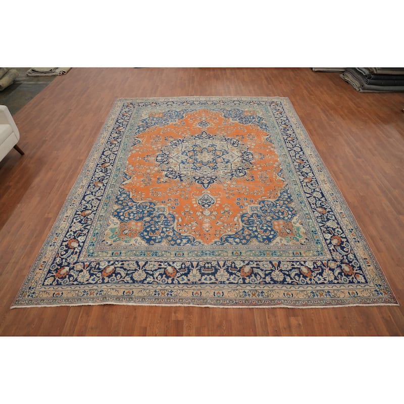 Hand Knotted Oriental 100% Wool Carpet Traditional Floral Oranges & Rust Mashad Area Rug - 12' 5'' X 9' 7''