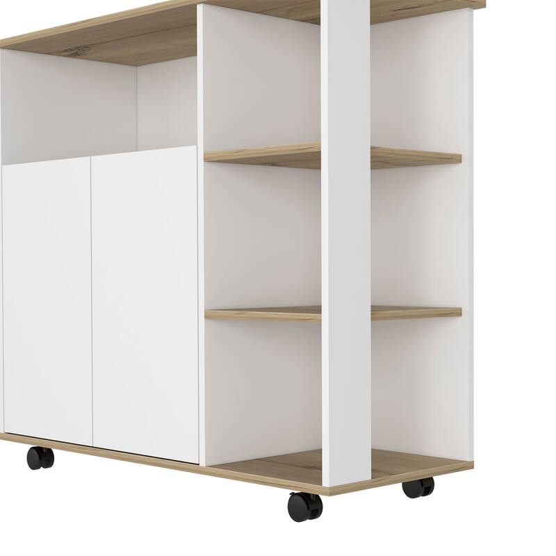 Compact Kitchen Island Kamkacht, Light Oak / White, 1 Cabinet, 4 Shelves, Locking Casters for Stability