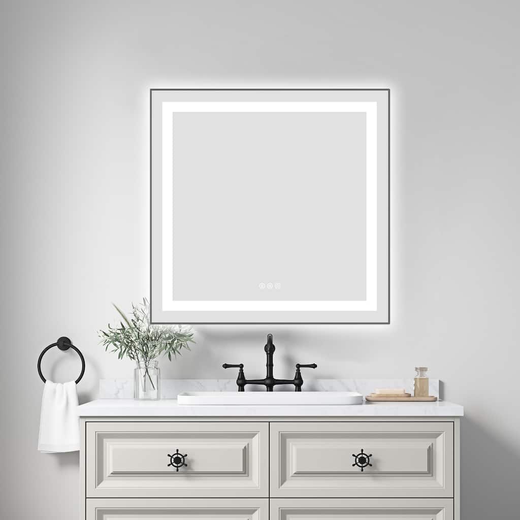 30" x 30" LED Bathroom Mirror with Front and Backlight, Wall Mounted Vanity Mirror with Aluminum Frame, Anti-Fog