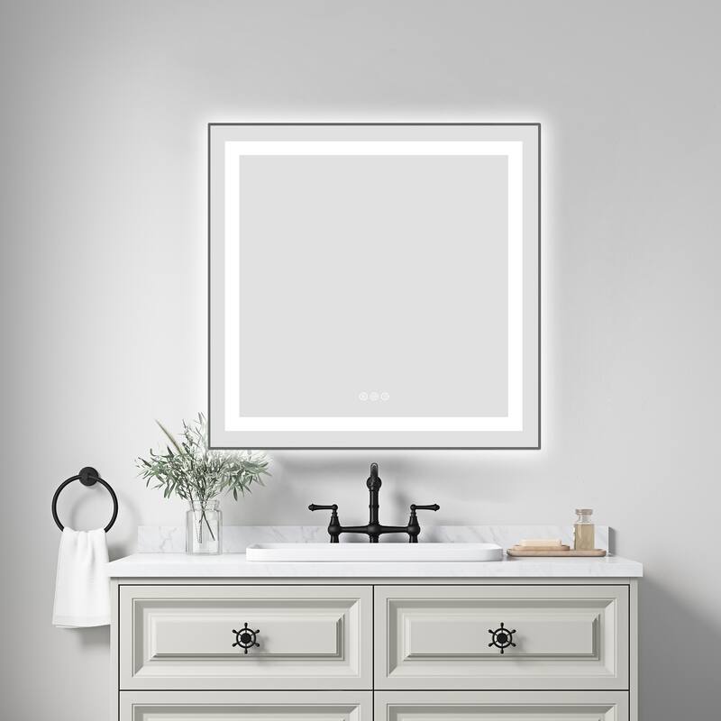 30 x 30 Inch LED Bathroom Mirror with Front and Backlight, Wall Mounted Vanity Mirror with Aluminum Frame, Anti-Fog, Memory - Gun Ash