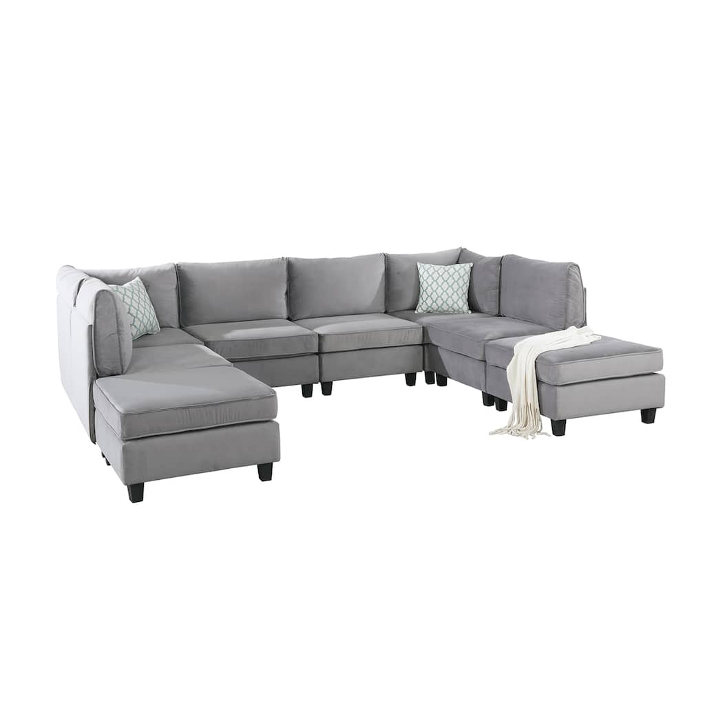 8 Piece U Shape Velvet Modular Sectional Sofa with 2 Ottomans, Gray
