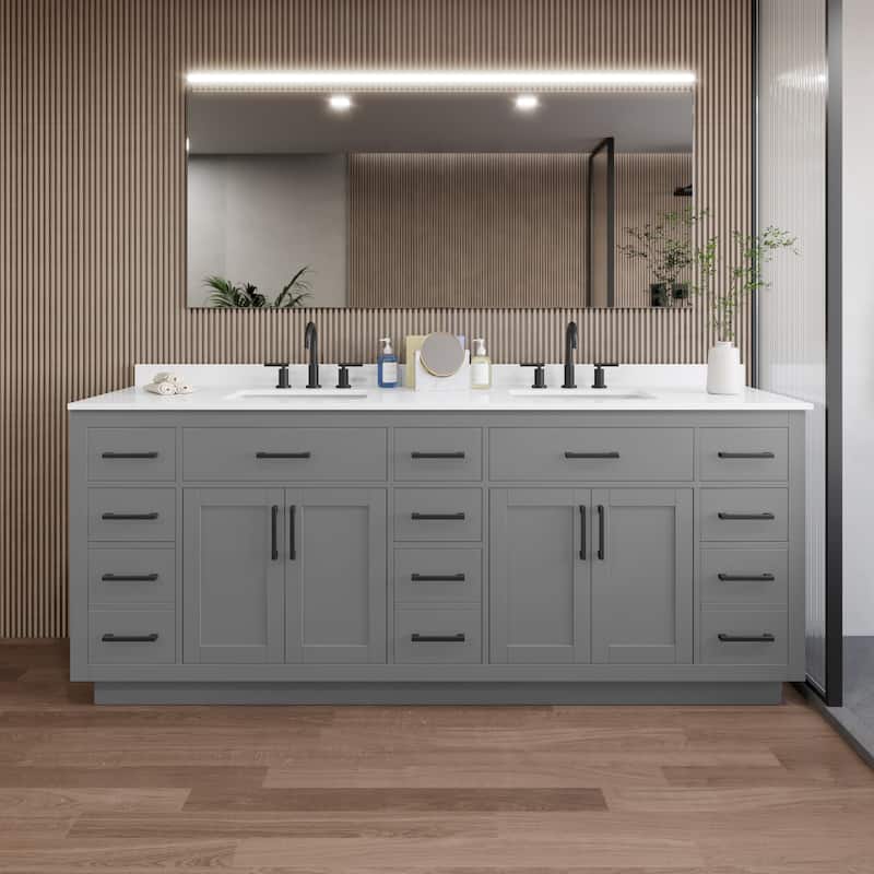 Wyndham Collection WCG262684D-QTZ-US3MXX Beckett TK 84" Free Standing - Dark Gray / White Quartz Top / Matte Black