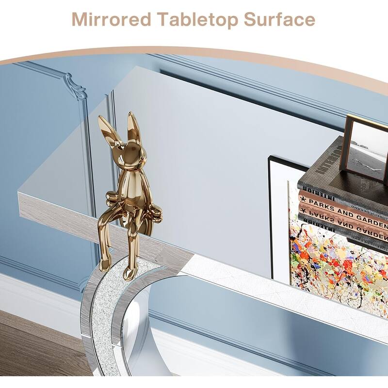 Modern Mirrored Console Table, Silver Entryway Table with Sparkling Crystal Inlays