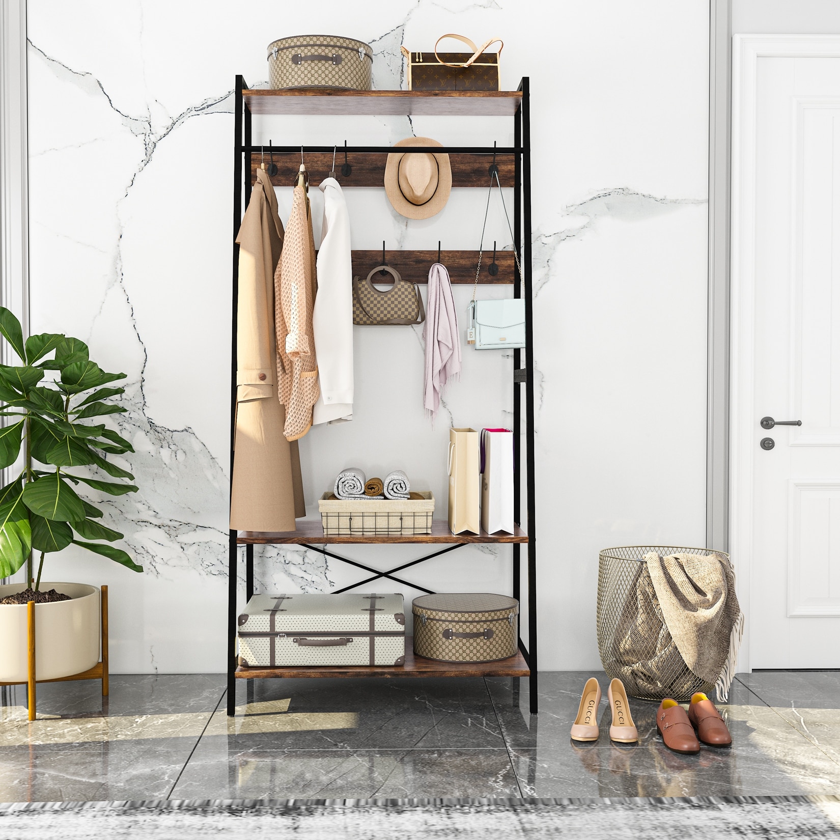 Heavy Duty Free Standing Closet Organizer with 9 Hooks Garment Rack 30