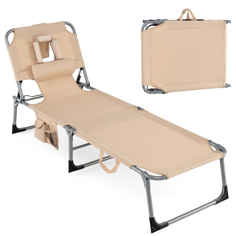 Gymax Tanning Chair w/4-Position Adjustable Backrest Face Arm Holes & - Sand