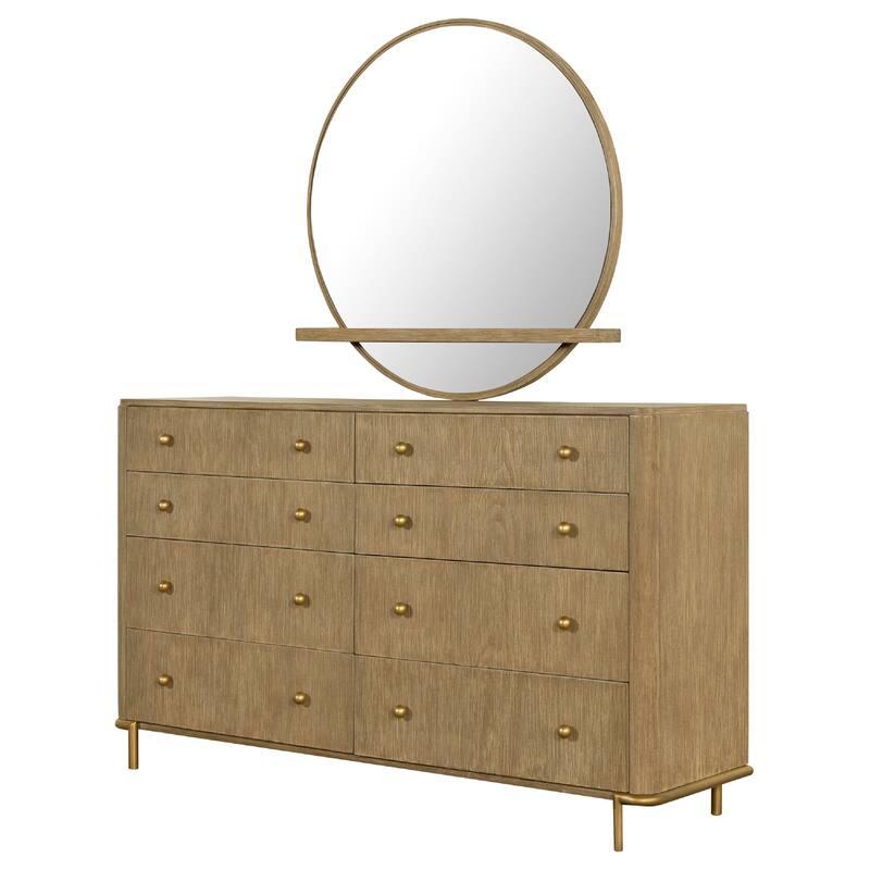 Fij Wide Dresser with Mirror, 8 Drawers, Sand Wash Brown, Brass Knobs