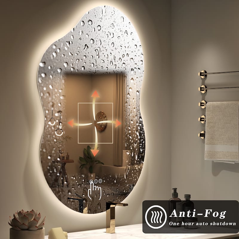 KIOTEE Frameless Irregular LED Anti-Fog Bathroom Vanity Mirror, Asymmetrical Backlit Wall Mirror