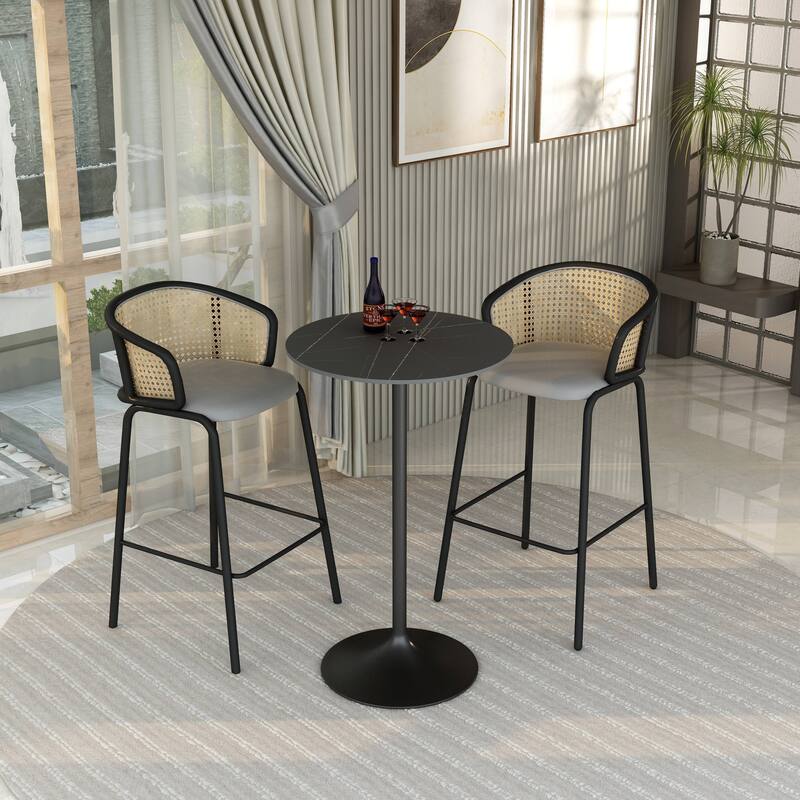LeisureMod Verve 27" Bar Height Dining Table with Sintered Stone Round Top in Black Pedestal Base