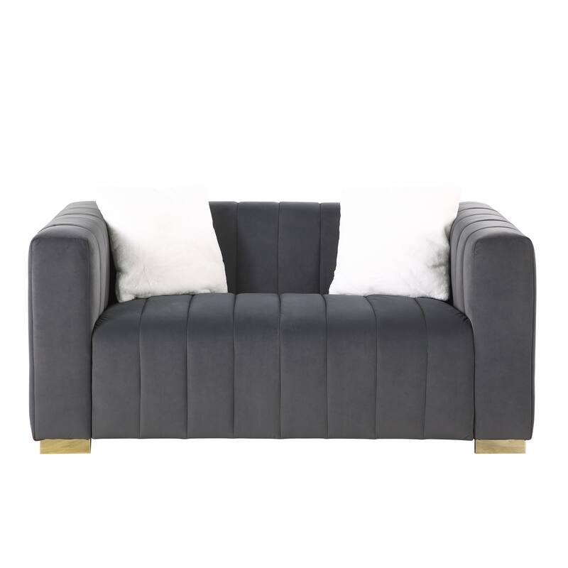 Grey Velvet Loveseater Channel Sofa with Plush Foam Cushions