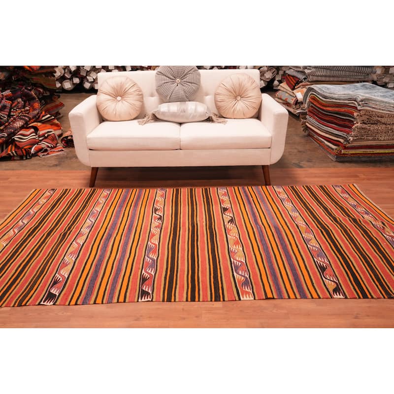 Hand Woven Oriental 100% Wool Carpet Southwestern Tribal Oranges & Rust Kilim Area Rug - 8' 11'' X 4' 6''