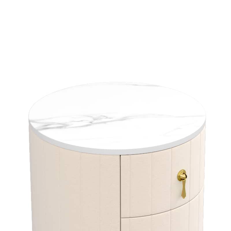 Round Nightstand with 3 Drawers, Velvet Upholstered Storage Cabinet, Sofa Side Table with Marble Table Top & Metal Legs
