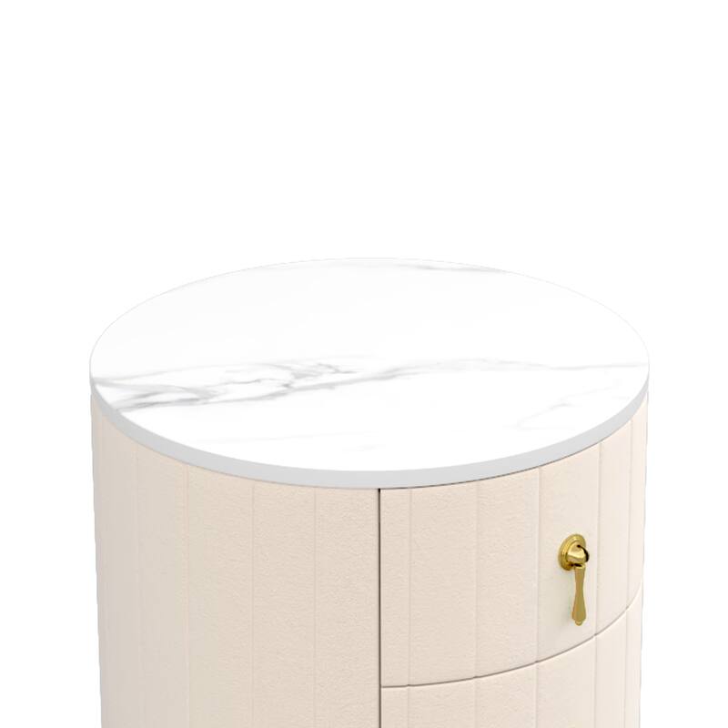 Set of 2 Upholstered 3-Drawer Nightstands - Round Marbling Top Bedside Table (Fully Assembled Except Handles, Beige)