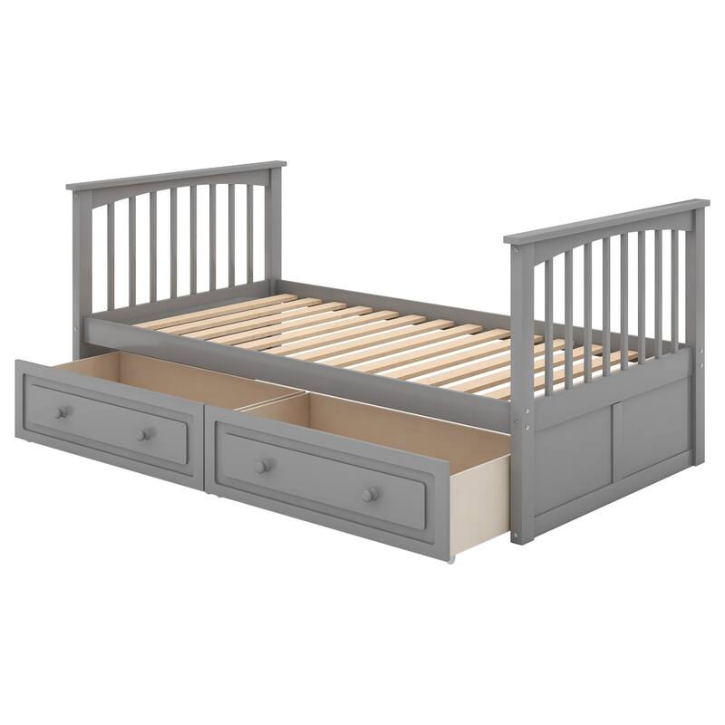 Full or Twin Bunk Bed with Safety Guardrail & 2 Storage Drawers, Convertible Beds Wood Slat Support Bunk Bed