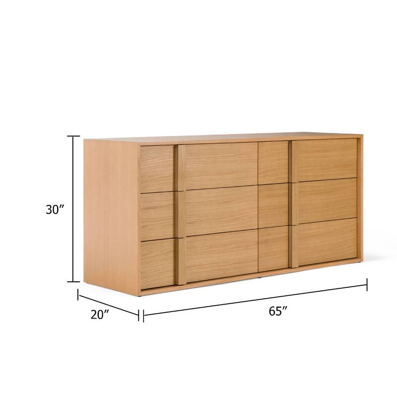 Lina 65 Inch Wide Dresser, 6 Drawers, Natural Brown Oak Veneer Frame
