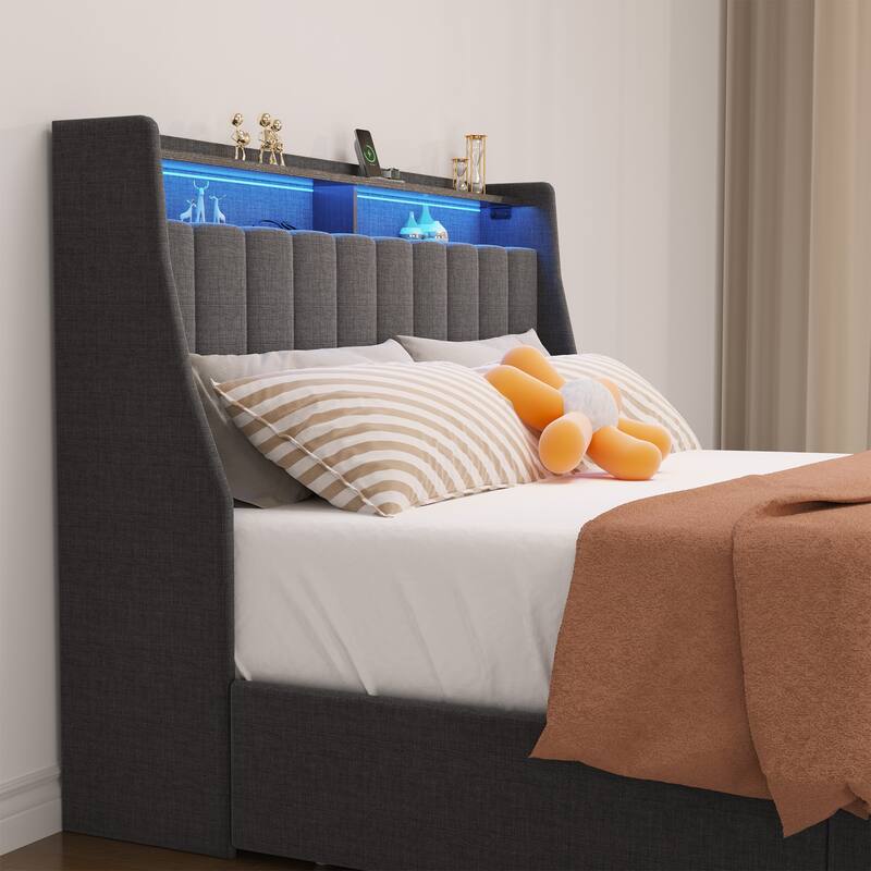 Bed Frame with LED, 4 Under-bed Portable Storage Drawers, Wings Headboard