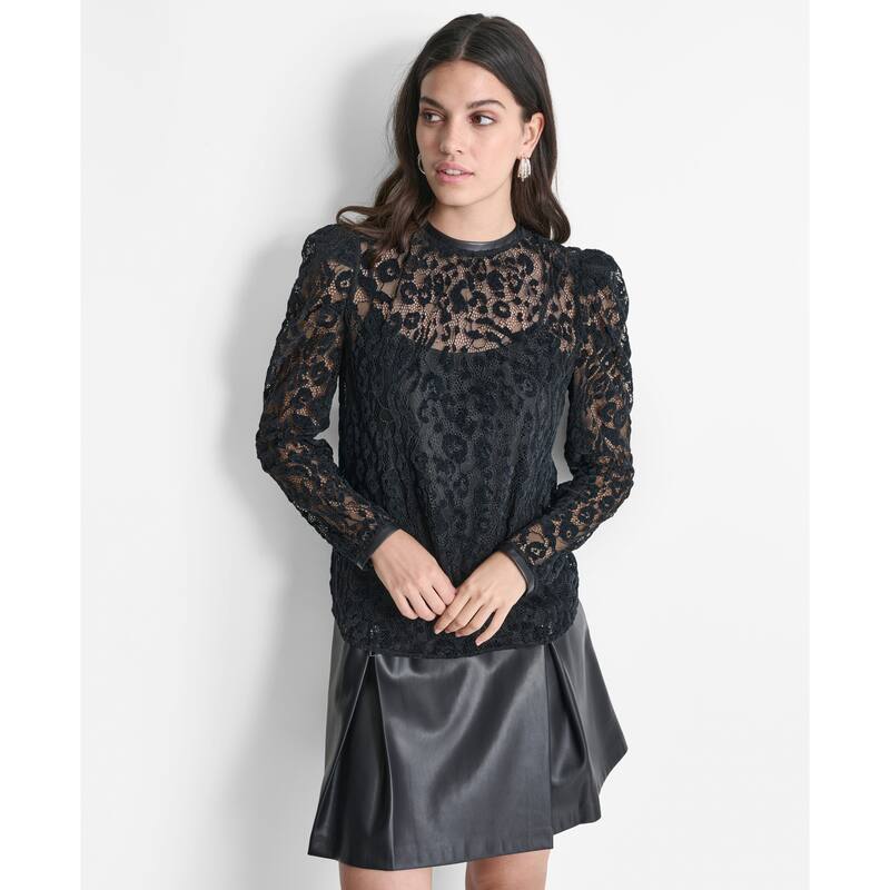 DKNY Floral Mesh Lace Long Sleeve Top