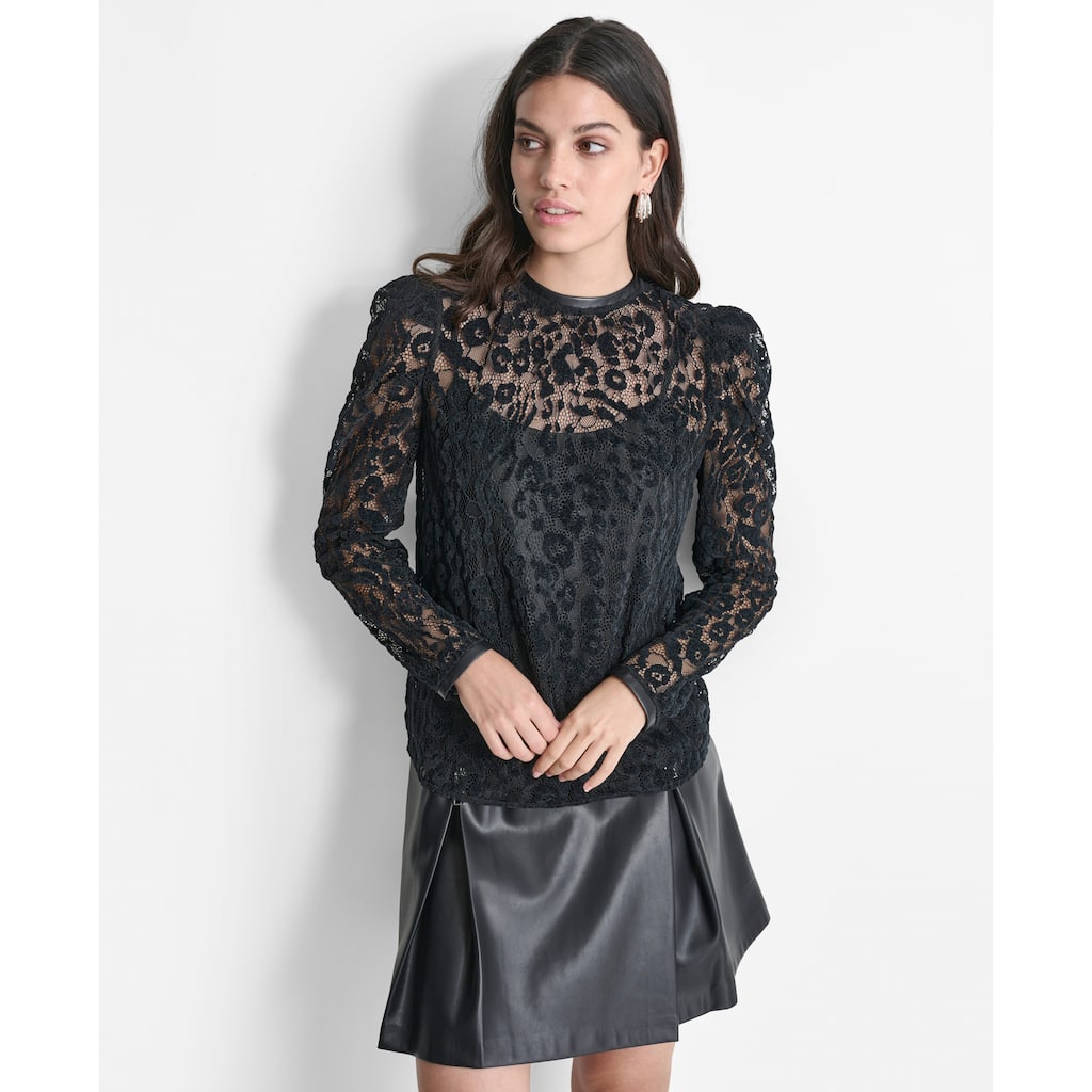 DKNY Floral Mesh Lace Long Sleeve Top